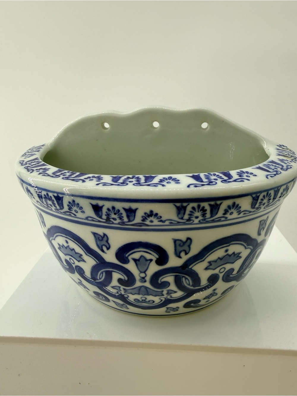 Blue and White Ceramic Wall Planter with Ornate Floral Pattern